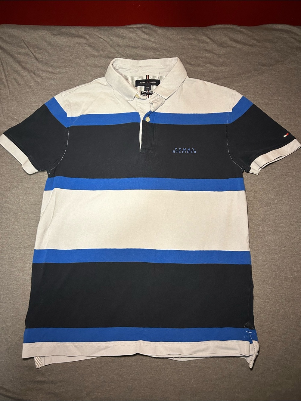 Tommy Hilfiger Navy, White & Royal Blue Striped Rugby Style Polo